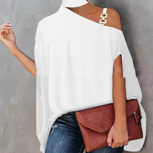 Women's High Neckline Strapless Crossbody Shoulder Cape Short Sleeve Top