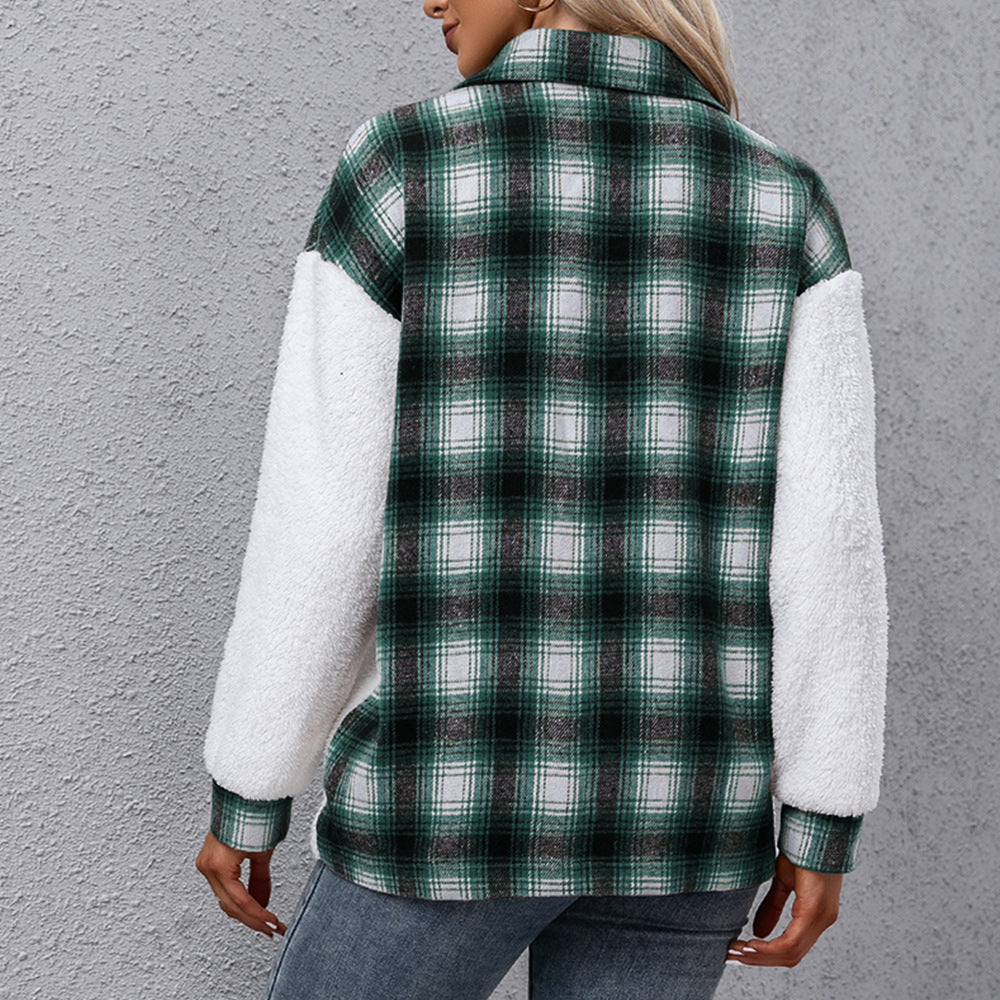 Women's Casual Plush Shirt Plaid Jacket Coat Top