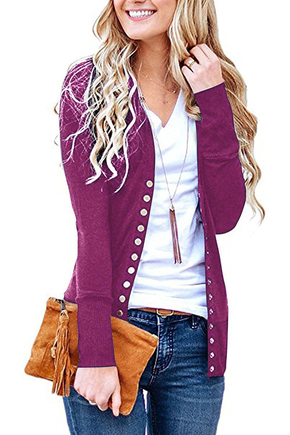 Women's Long Solid V-Neck Long Sleeve Button Cardigan Jacket