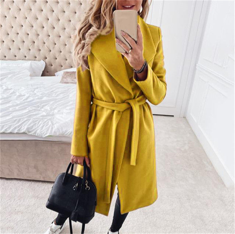 Women's Solid Mid Length Lapel Tie Jacket