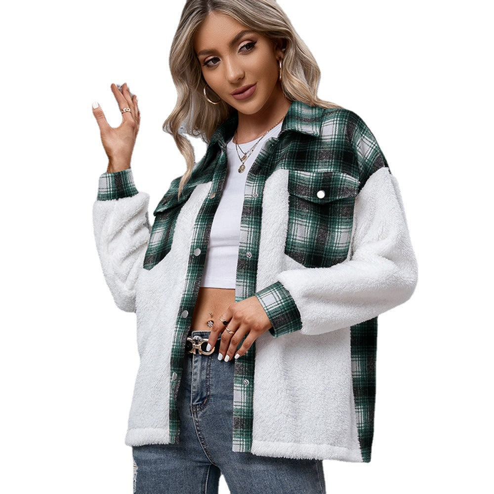 Women's Casual Plush Shirt Plaid Jacket Coat Top