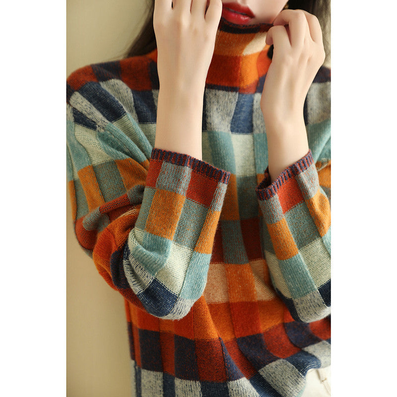 Women's Fashionable Personality Colorful Checkerboard Sweater