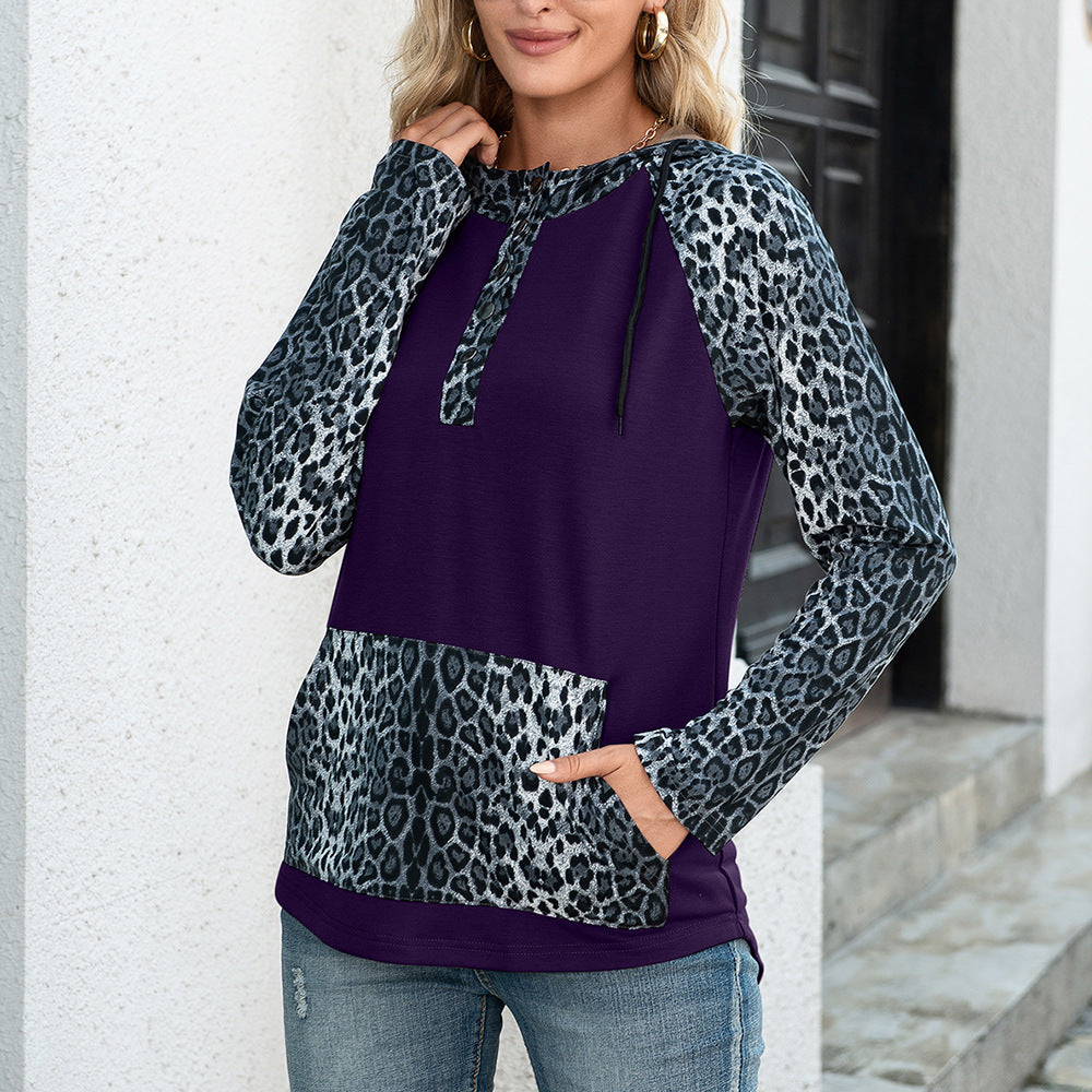 Beautiful Leopard Print And Hooded Long-sleeved Sweater Top Women