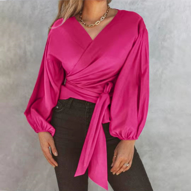 Top Long Sleeve Solid Color Lantern Sleeve Tie Irregular Shirt