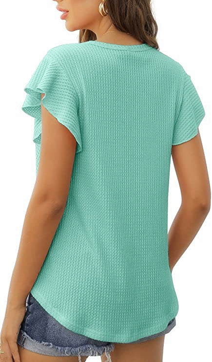 Solid Color Waffle Loose Short Sleeve Round Neck Ruffle Sleeve Top Women