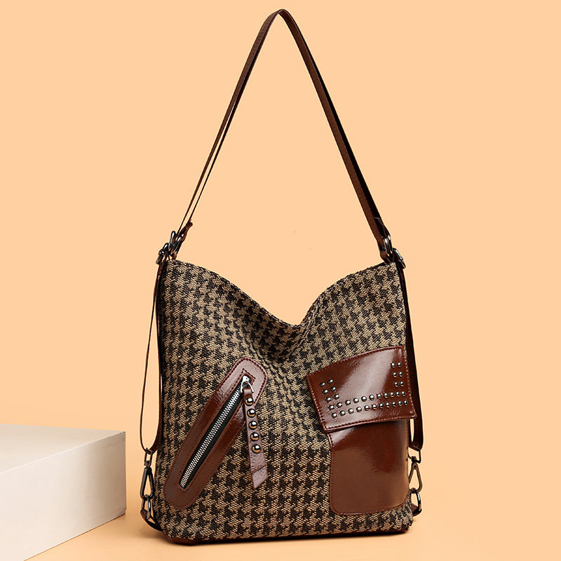 Houndstooth Backpack Women Fashion Rivet Design Leopard Shoulder Bags