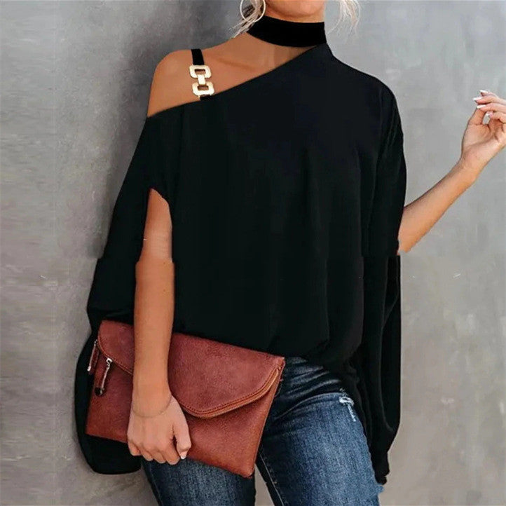 Women's High Neckline Strapless Crossbody Shoulder Cape Short Sleeve Top