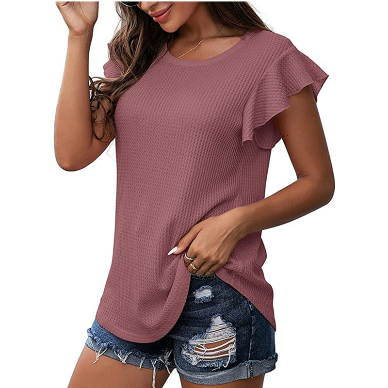 Solid Color Waffle Loose Short Sleeve Round Neck Ruffle Sleeve Top Women