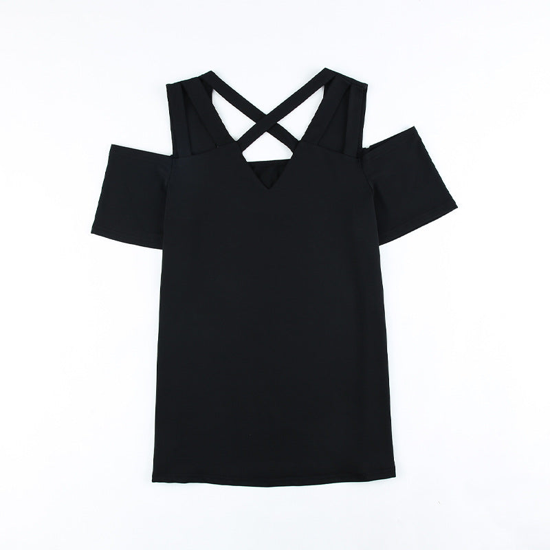 Summer New V-neck Solid Color Hollow Out Loose Casual Top Women