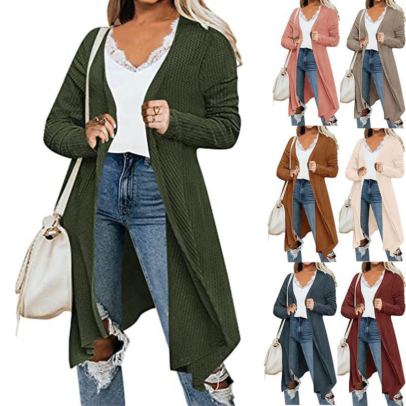 Women's Fashion Waffle Cardigan Long Sleeve Sweater Jacket