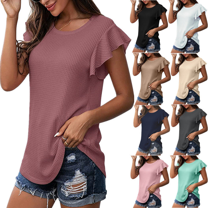 Solid Color Waffle Loose Short Sleeve Round Neck Ruffle Sleeve Top Women