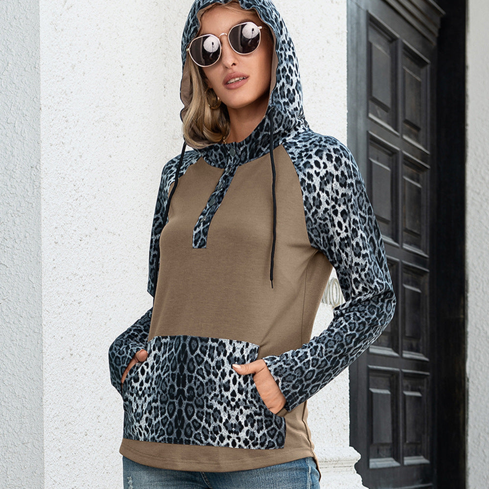 Beautiful Leopard Print And Hooded Long-sleeved Sweater Top Women