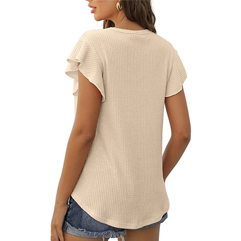 Solid Color Waffle Loose Short Sleeve Round Neck Ruffle Sleeve Top Women