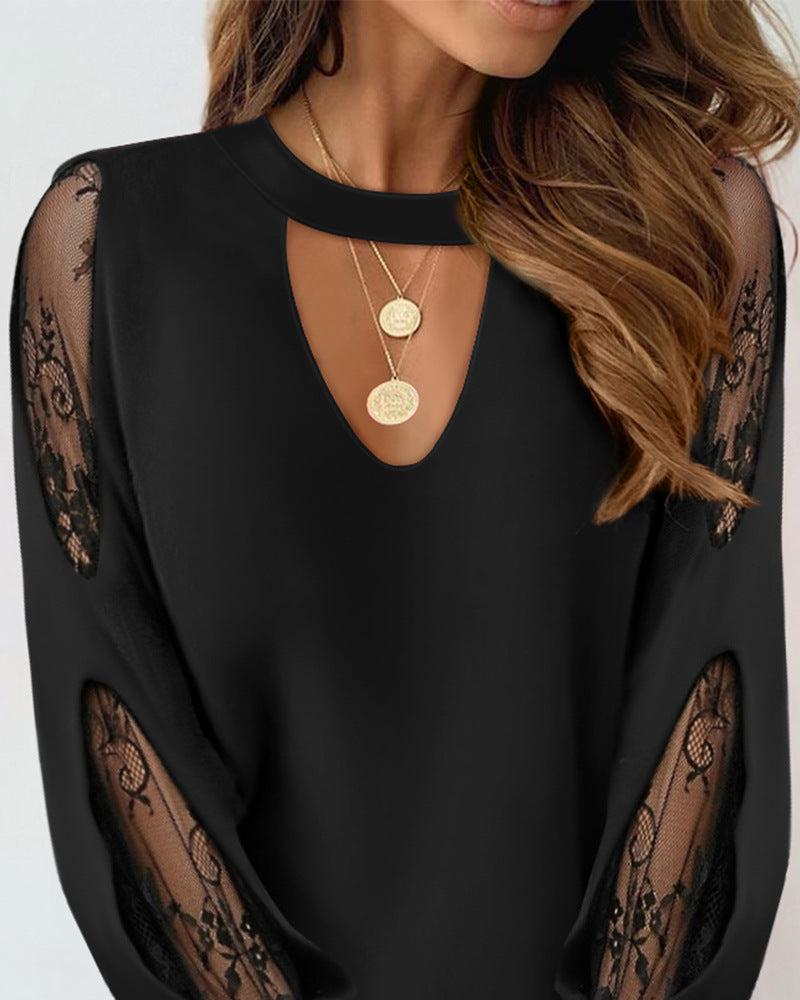 Cutout Lace Stitching Long Sleeve Top