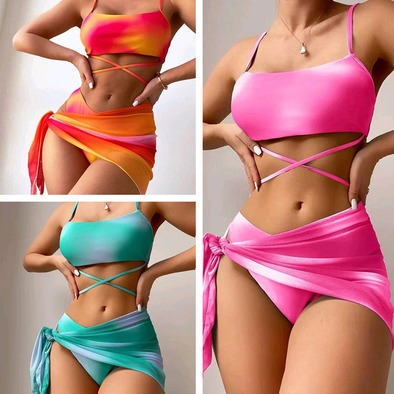 3pcs Tie Dye Print Bikini With Short Skirt Summer Beach Swimwear Women's Clothing